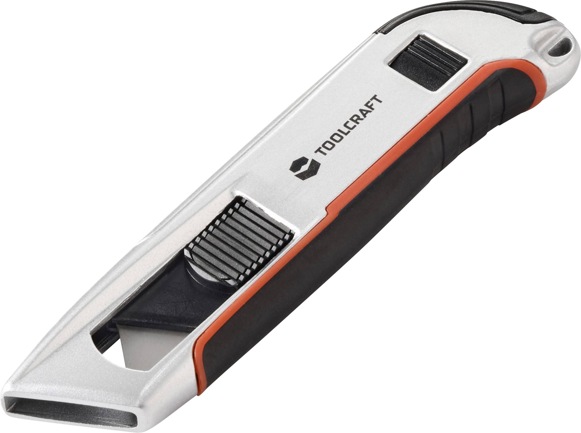 En silver- och svart multikniv med infällbart blad, utrustad med ett ergonomiskt grepp och märkt med 'TOOLCRAFT' på handtaget.