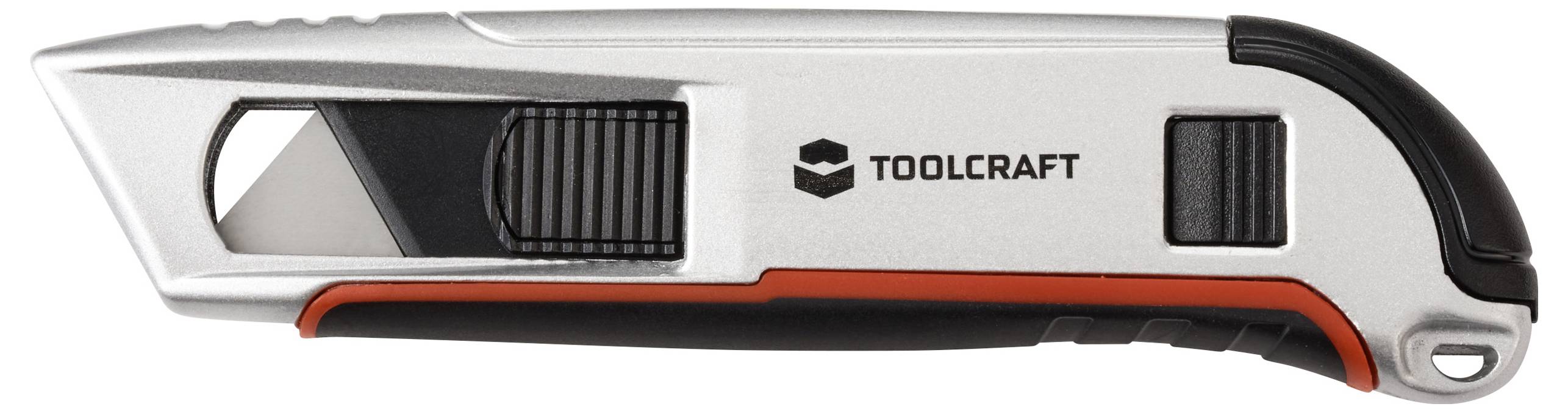 En silverfärgad multikniv med ett infällbart blad, svart handtag och 'Toolcraft'-logotyp.