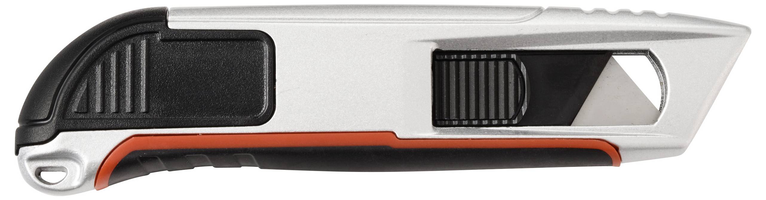 En infällbar universalkniv med ett svart och silver handtag, utmärkt av ett framträdande exponerat blad på höger sida.
