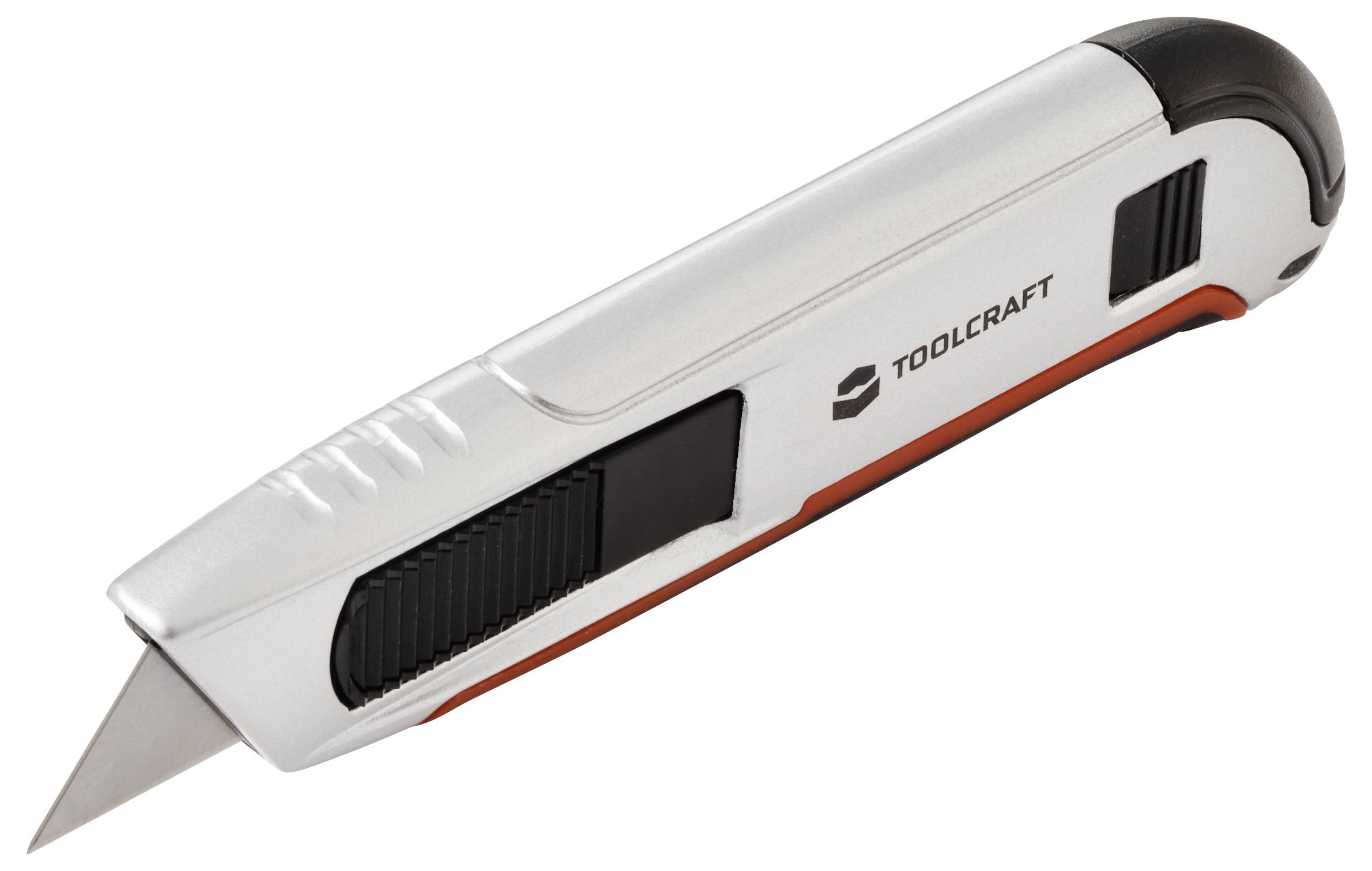 En silver- och svart multiverktygskniv med infällbart blad, märkt 'Toolcraft', och utrustad med en ergonomisk design för enkel hantering.