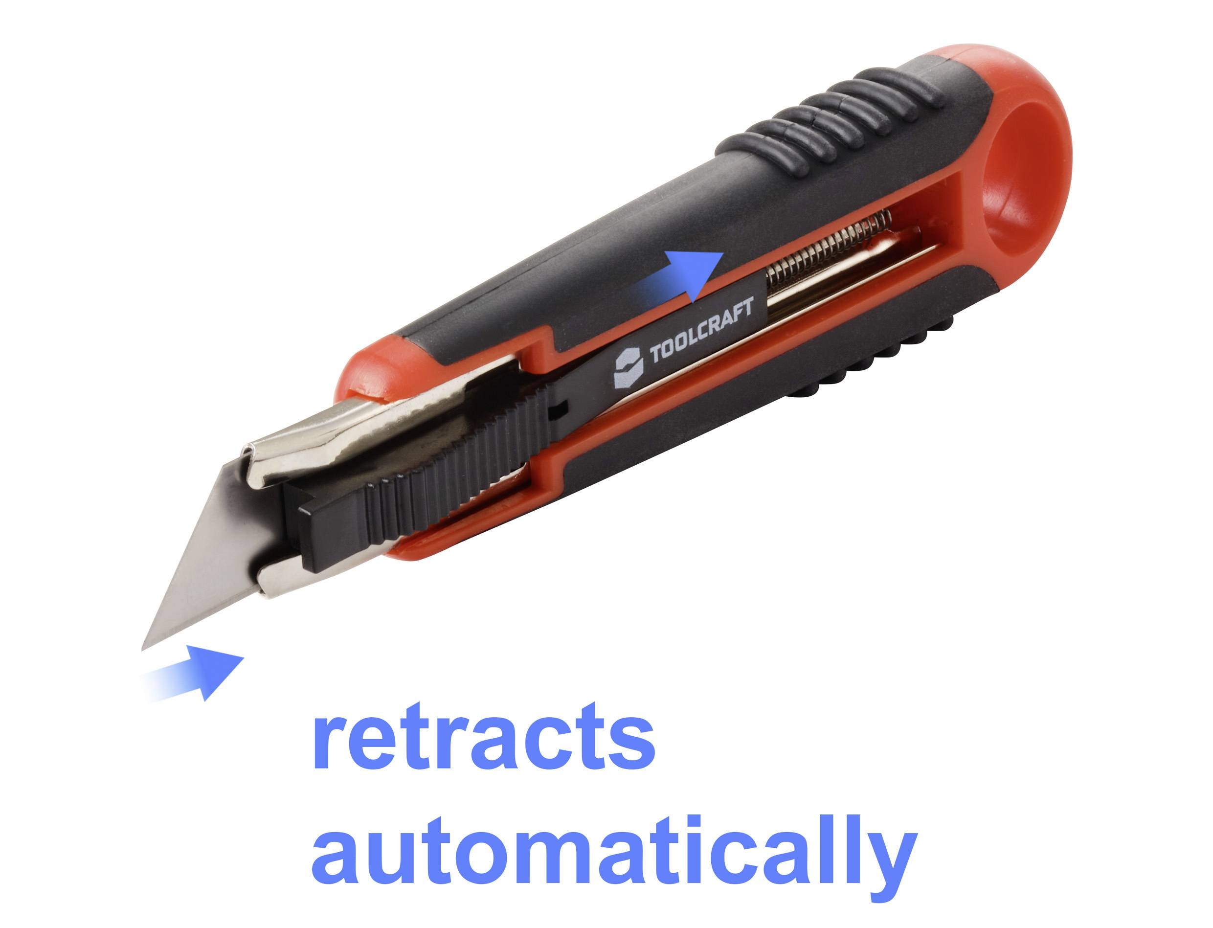 En röd och svart multiverktygskniv med ett blad som "drar sig tillbaka automatiskt". Kniven är märkt "TOOLCRAFT".