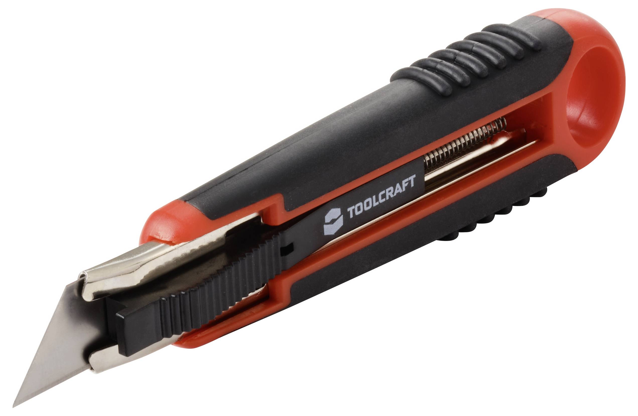 En infällbar universalkniv med ett svart handtag, röda accenter och ett synligt blad. Ordet 'TOOLCRAFT' är tryckt på sidan.