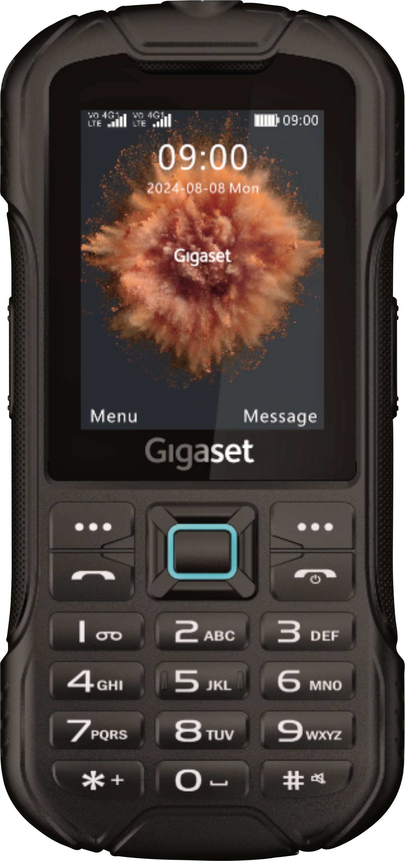 En robust mobiltelefon med numerisk knappsats och en liten skärm som visar "Gigaset," datumet "2024-08-08 Mån" och tiden "09:00".