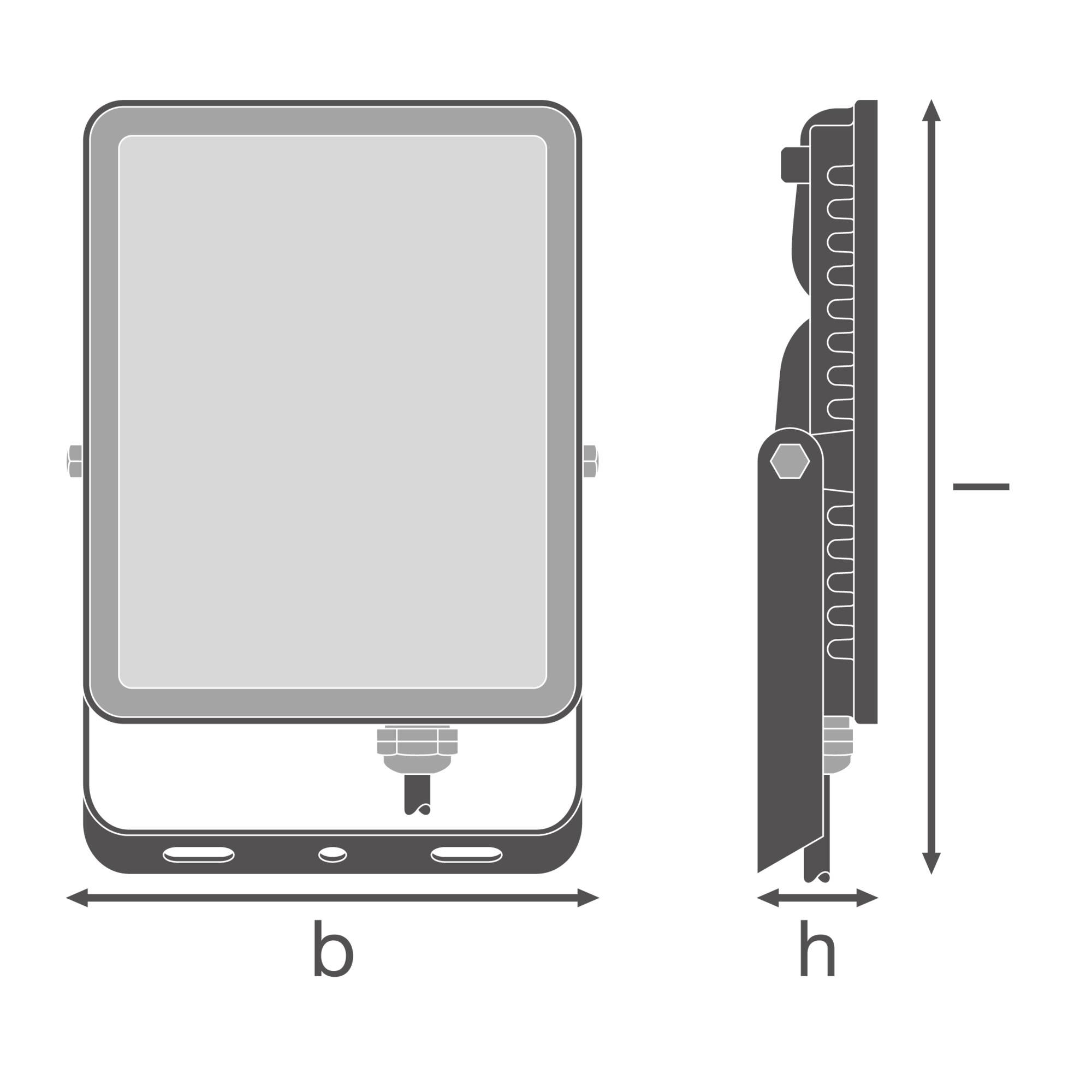Diagram av en rektangulär strålkastare, fram- och sidovy. Mått: Bredd (b) och höjd (h) är angivna med pilar.