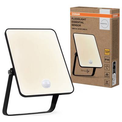 Strålkastare med sensor från OSRAM bredvid förpackningen. Erbjuder 1800 lm, 20 W och 3000 K, lämplig för utomhusbruk.
