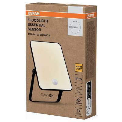 'Flutlicht Essential Sensor' från Osram, 1800 lm, 20 W, 3000 K, IP65, varmvit. Tre års garanti, höjdjusterbar med rörelsesensor. Förpackningsdesignen visar armaturen och specifikationer.