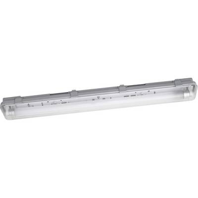 Grå LED-armatur med rektangulärt hölje och klar täckning, lämplig för industriell eller kommersiell belysning.