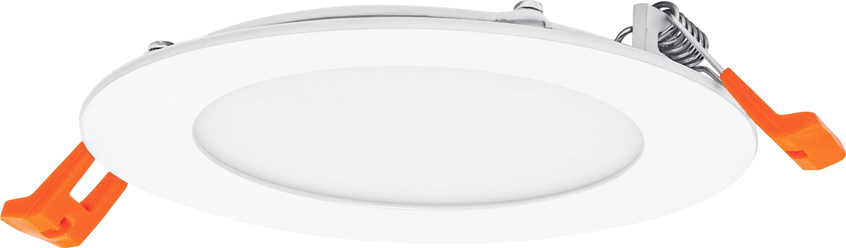 Rund LED-taklampa med vit ram och orange klämmor för montering i taket.