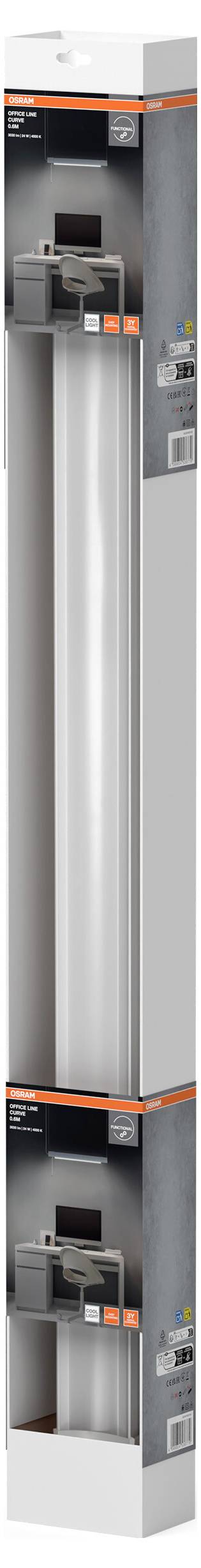 LED-lysrör i förpackning. Förpackningen visar bild av lampan och dess energieffektivitetsgrad.