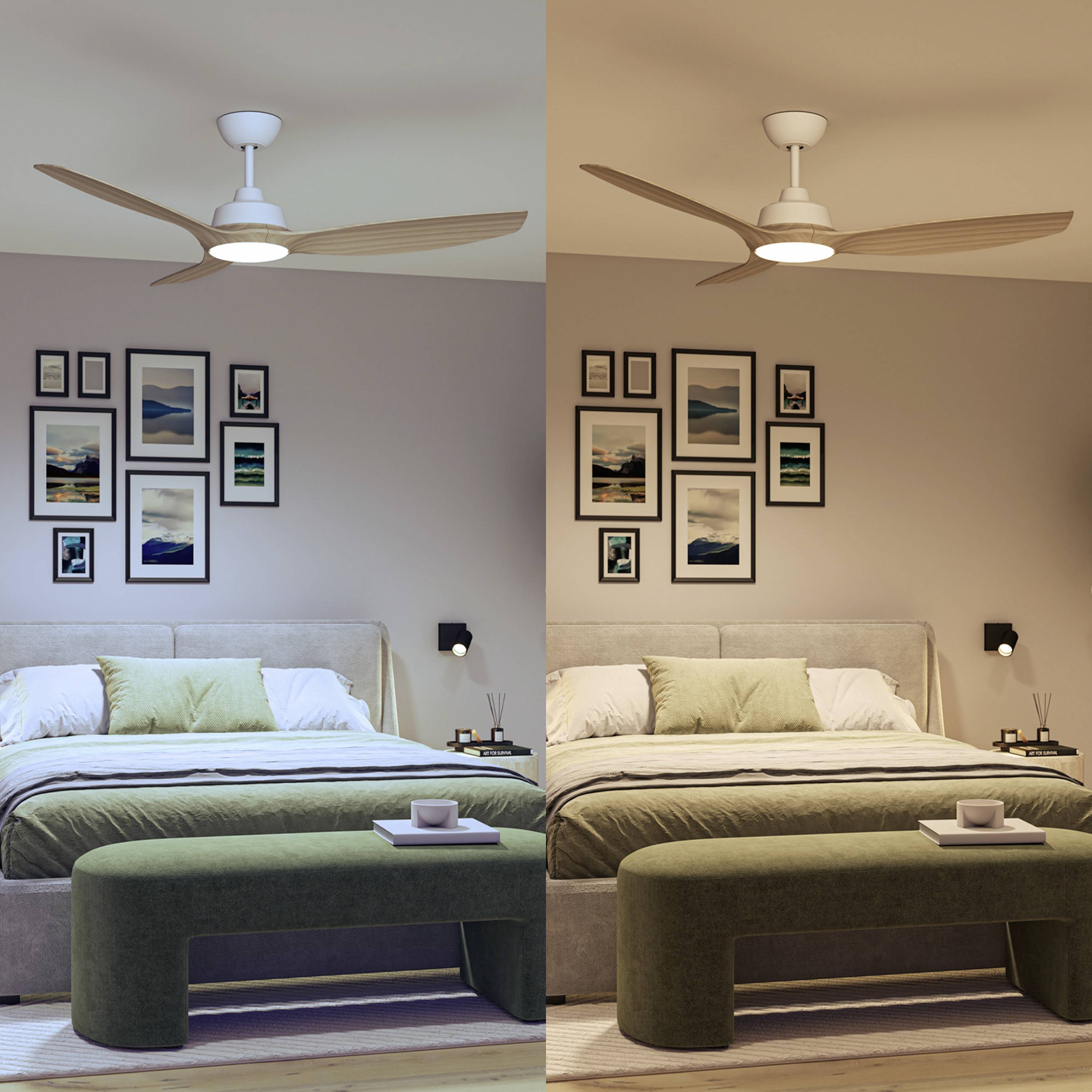 Sovrum med dubbelsäng, modern takfläkt och väggmålningar. Belysning till vänster kall, till höger varm.