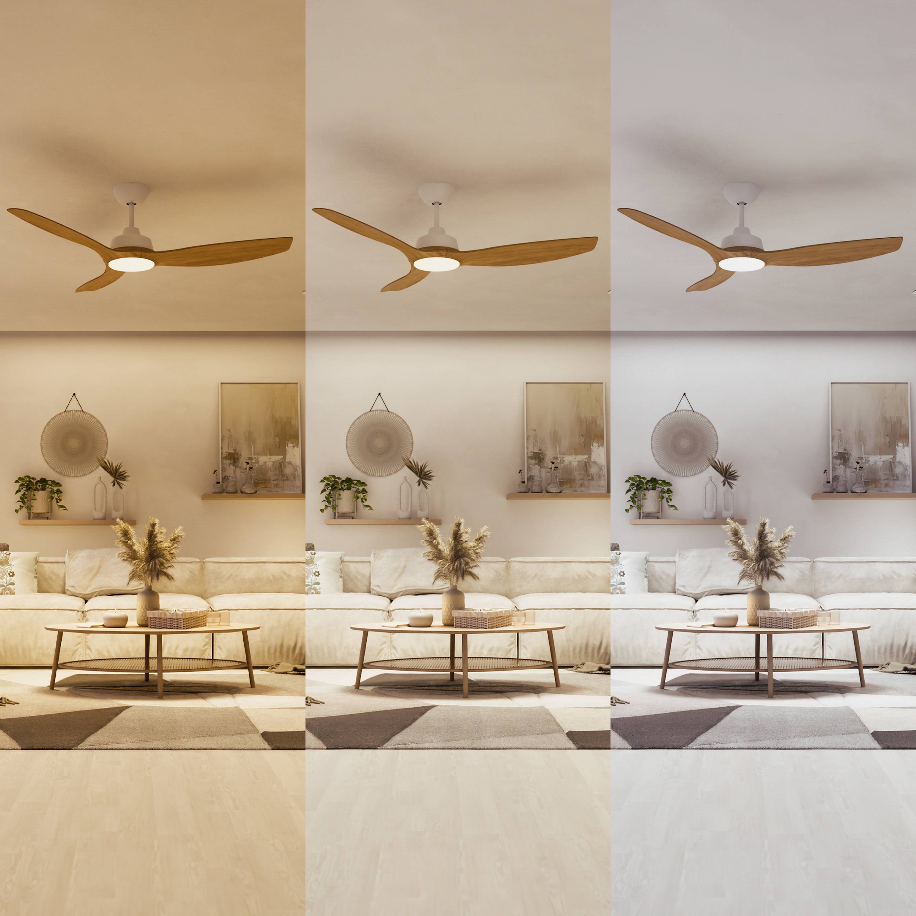 Tre olika belysningsscenarier i ett vardagsrum med fläkt och soffa, som jämför atmosfär och ljusintensitet.