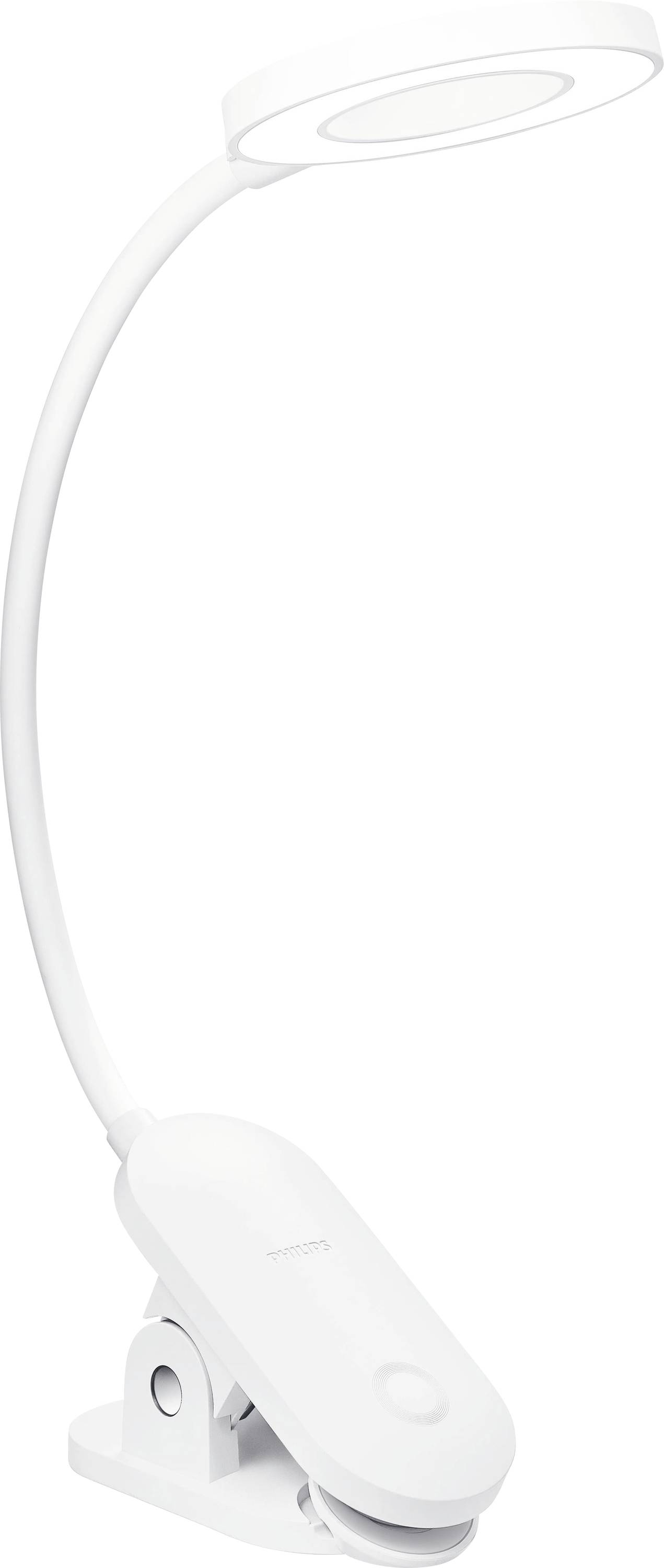 En flexibel, vit LED-lampa med klämma, lämplig för montering på bord eller hyllor för riktad belysning.