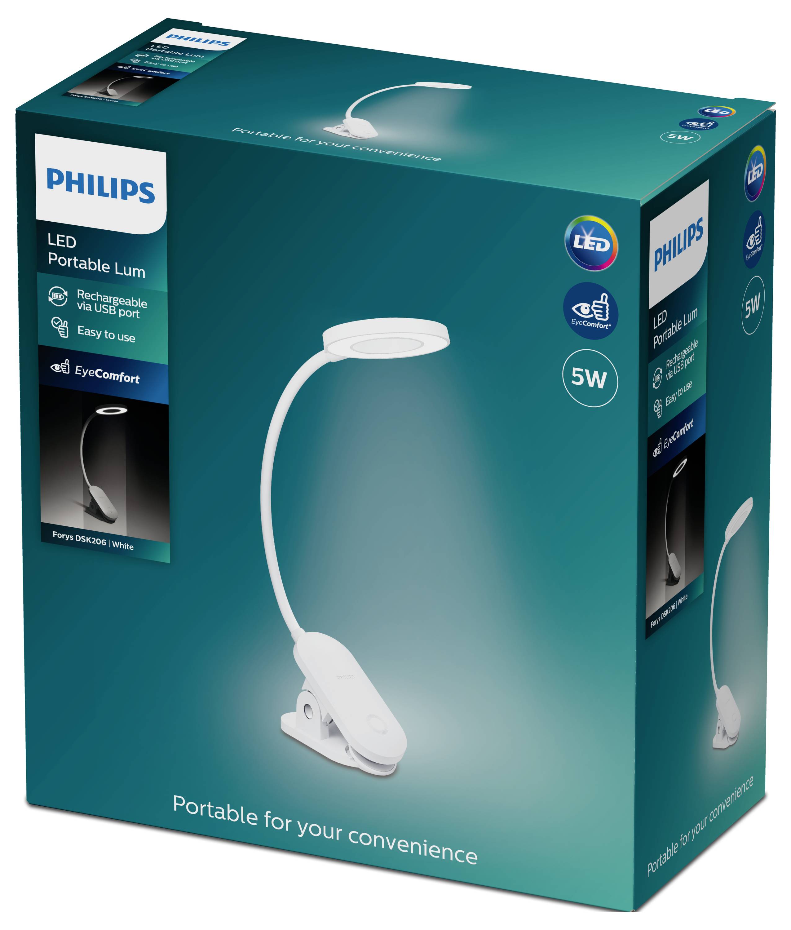 Förpackningen till en Philips LED-lampa. Lampan är bärbar och uppladdningsbar, med ögonkomfort-design. Energisparande med 5W.