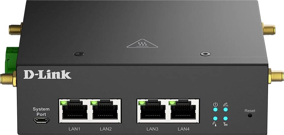 'D-Link' Router med fyra LAN-portar och återställningsknapp, lämplig för nätverksanslutningar.