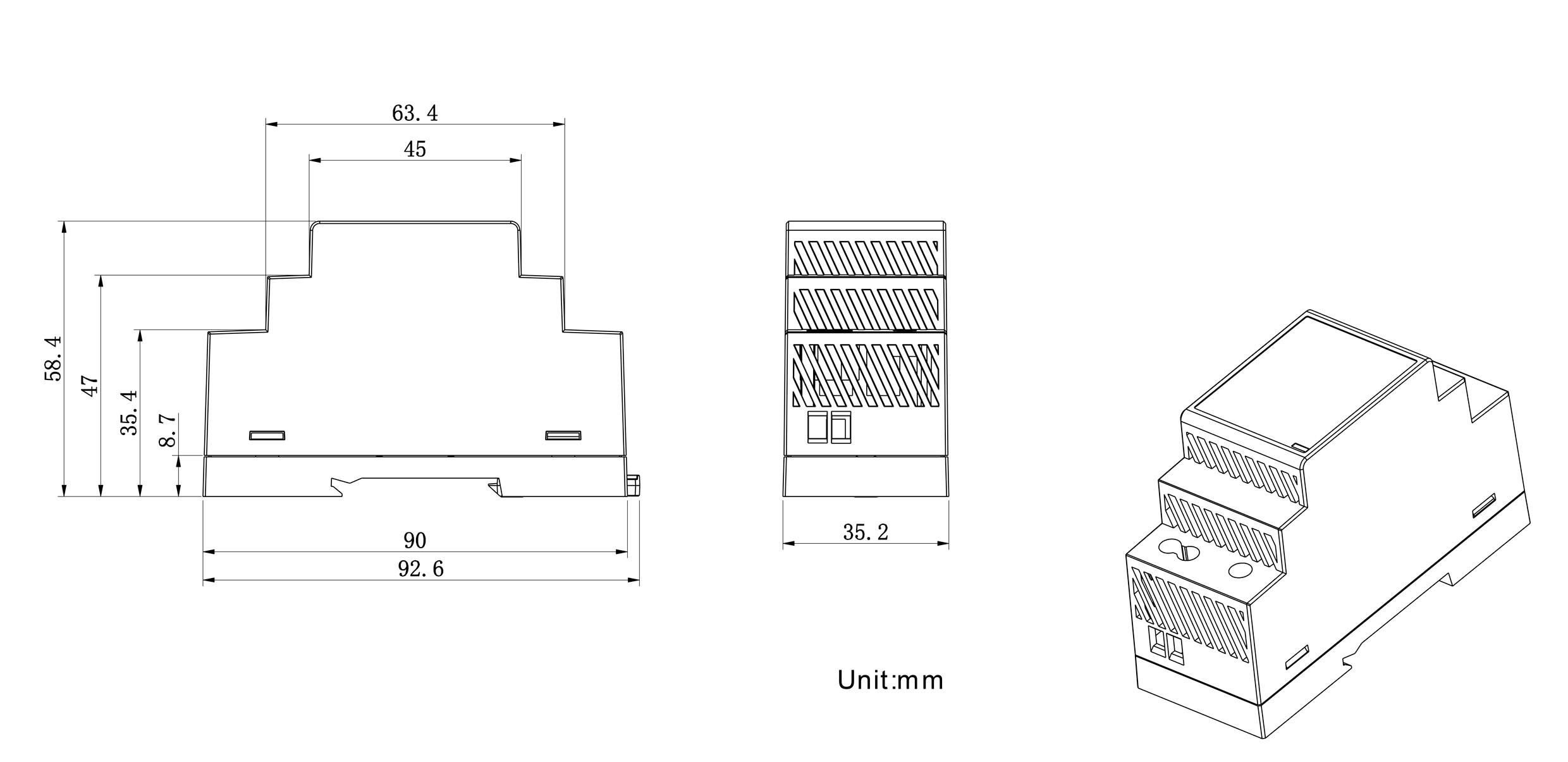 Teknisk ritning av ett DIN-skensmontat hölje. Fram-, sido- och 3D-vyer visas med dimensioner i millimeter.