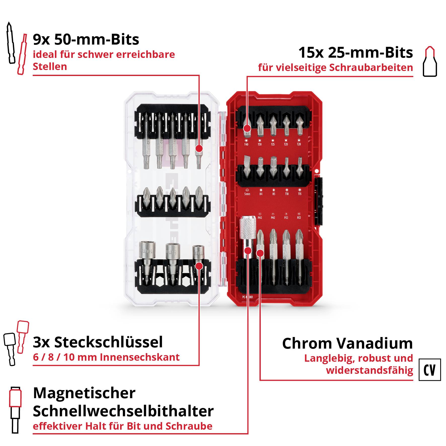 Ett set skruvmejselbits i en röd och vit låda. Innehåller nio 50-mm-bits, 15 25-mm-bits, tre hylsnyckelinsatser och en magnetisk hållare. Krom-vanadin för hållbarhet.