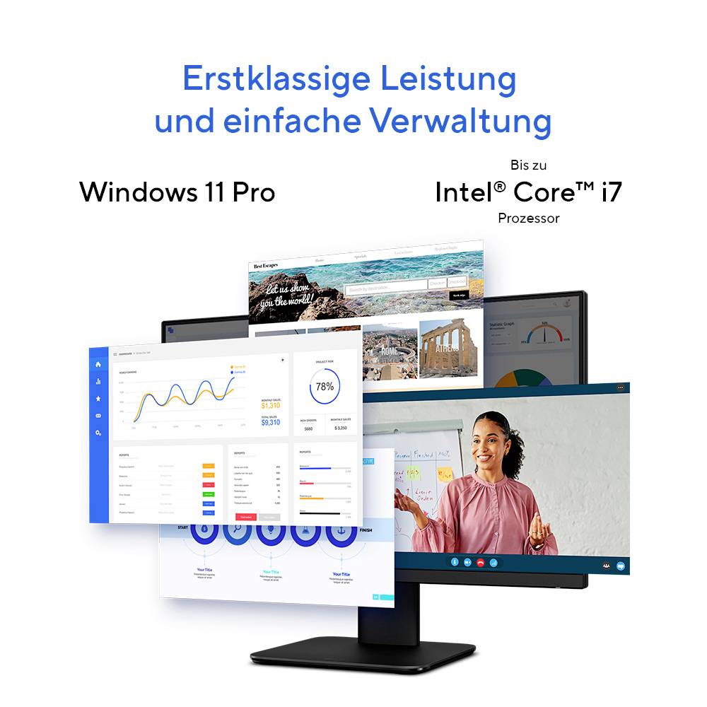 "Windows 11 Pro" och "Intel Core i7" text ovanför flera skärmar som visar grafer och en leende kvinna under ett videosamtal.