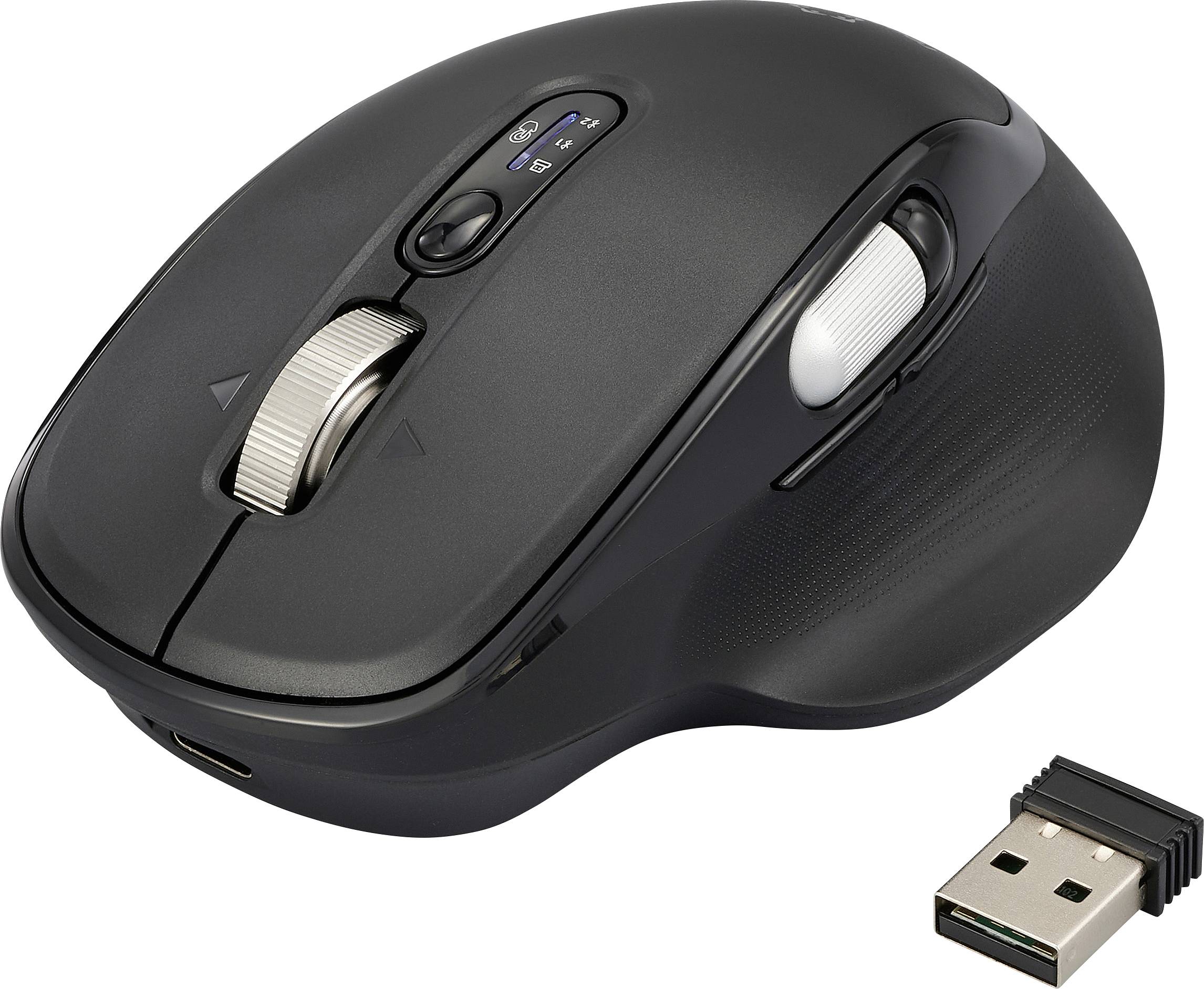 En svart trådlös datormöss med ergonomisk design, utrustad med anpassningsbara knappar och en sidoscrollhjul. Inkluderar en USB-mottagare.