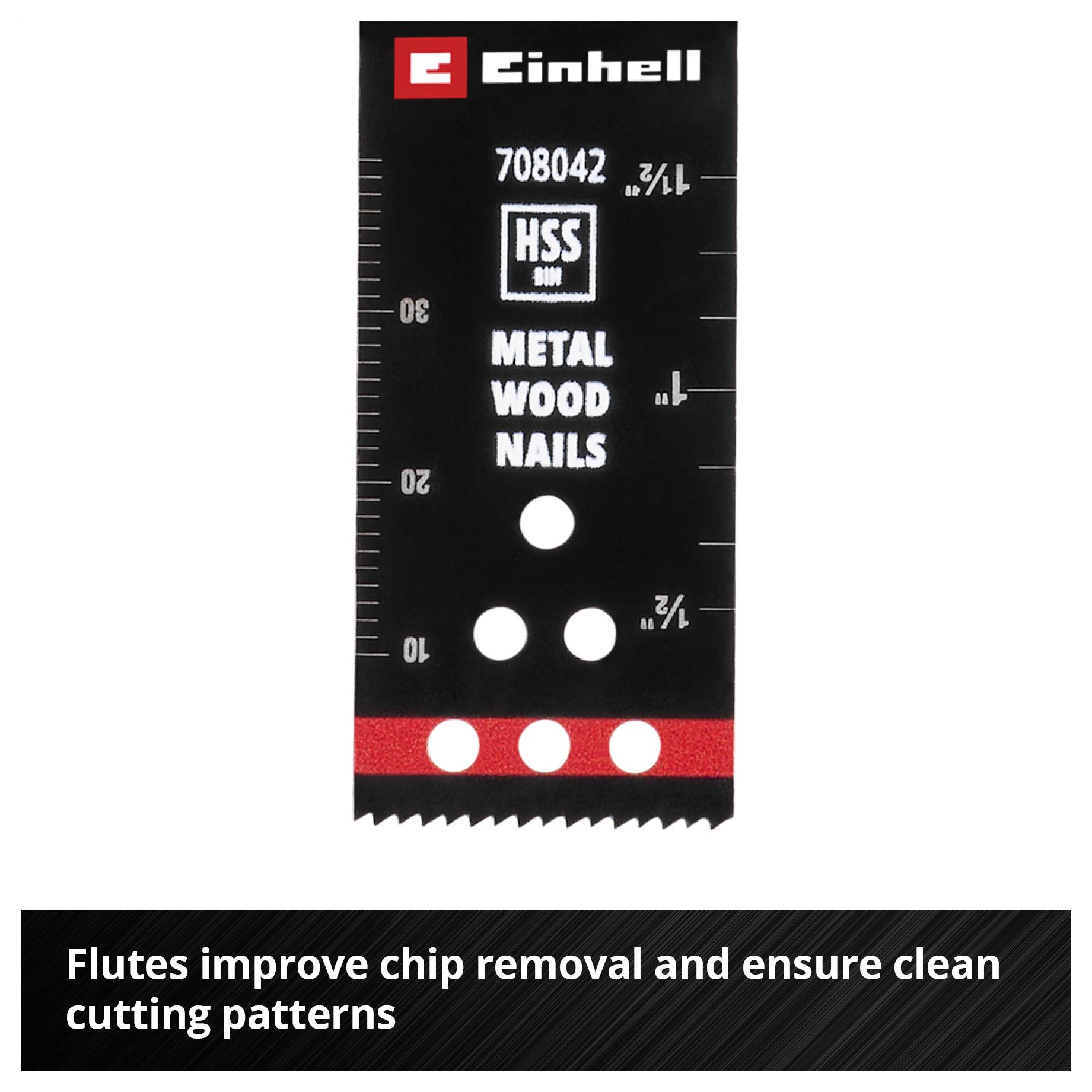 Metallsågblad från Einhell med måttangivelser, symboliserat som lämpligt för metall, trä och spik. Text: 'Förbättrad spånhållare ger bättre skärbild'.