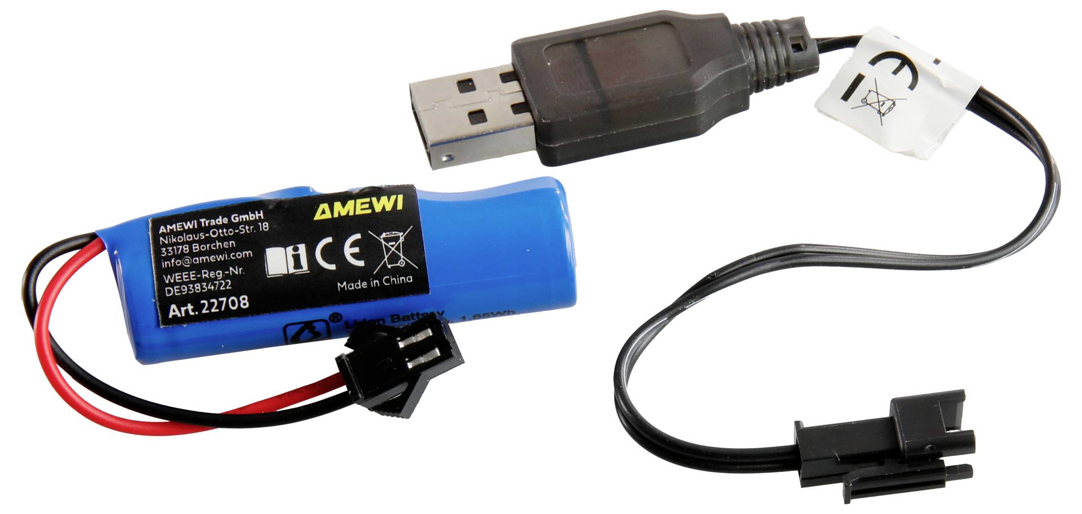 Batteri med USB-laddkabel, blått hölje, svart och röd kabel, text 'Amewi', lämplig för leksaksanvändning.