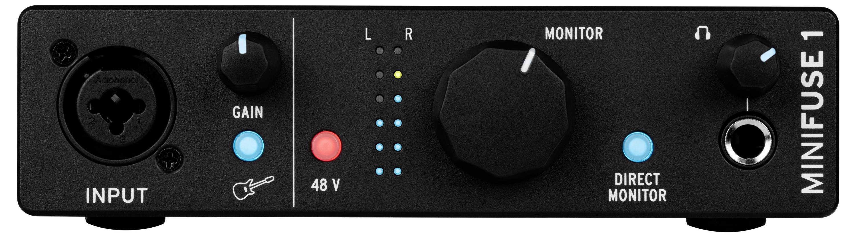 Audio-interface-frontvy med en XLR-ingång, gain-reglage, monitorlampor, stor volymkontroll, hörlursanslutning och texten 'Minifuse 1'.