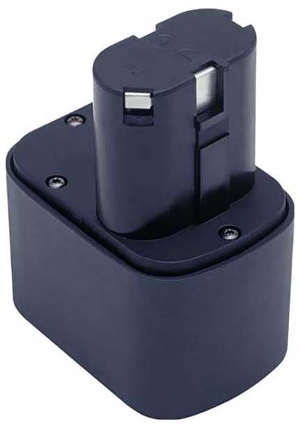 Ett svart, laddningsbart batteripaket för elverktyg, format med en rektangulär bas och cylindrisk topp, utrustad med metallkontakter.
