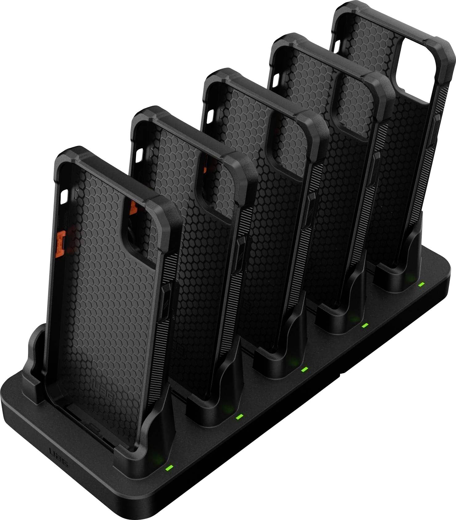En svart laddningsstation med fem platser rymmer robusta smartphonefodral, var och en med en strukturerad design, vilket indikerar ett fokus på hållbarhet och organisation.