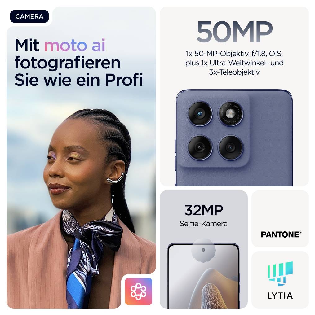 'Kvinna med flätad hår och schal. Reklambildet för smartphone med 50MP och 32MP kameror, Pantone- och Lytia-logotyp bredvid.'