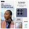 'Kvinna med flätad hår och schal. Reklambildet för smartphone med 50MP och 32MP kameror, Pantone- och Lytia-logotyp bredvid.'