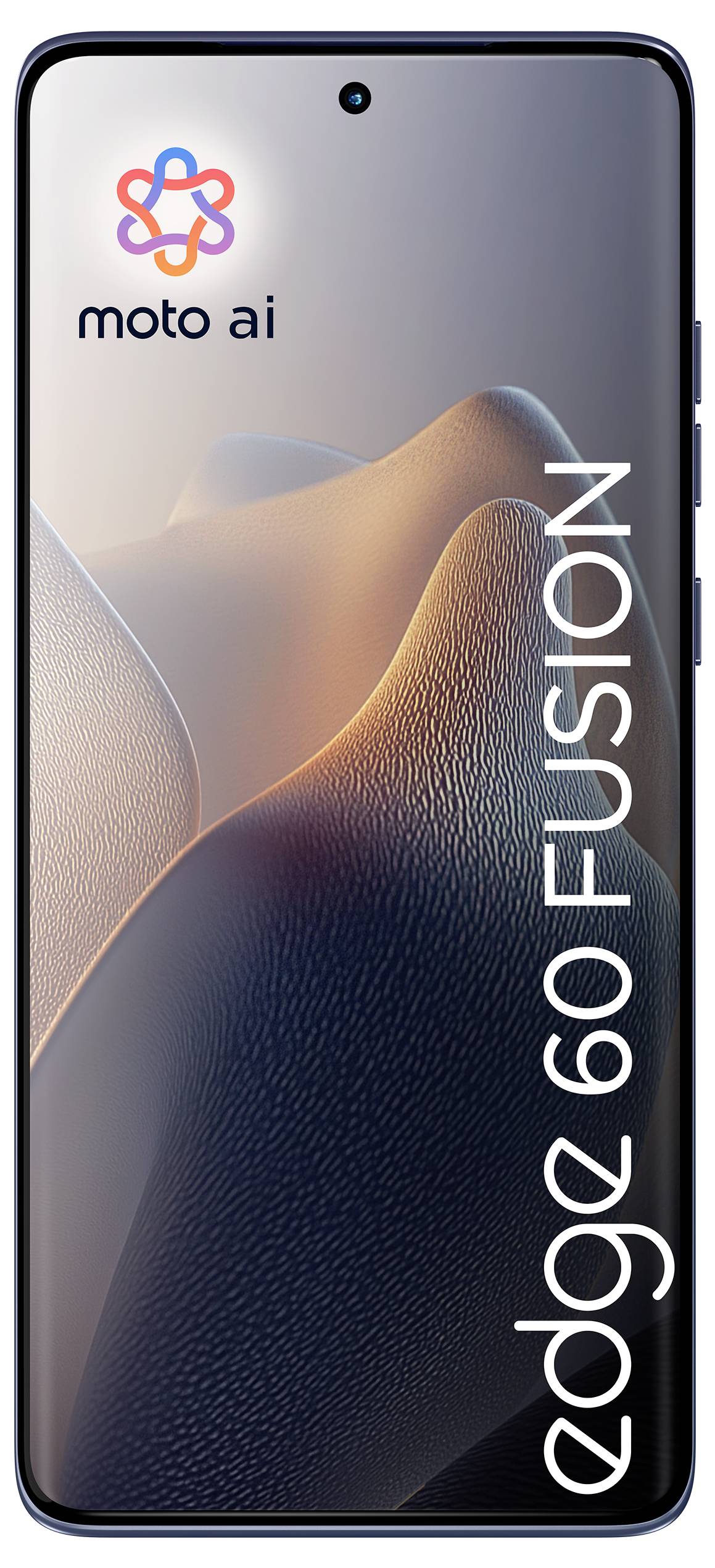 Smartphone som visar en minimalistisk bergs-tematiserad bakgrundsbild med orden "moto ai" och "edge 60 fusion" framträdande i designen.