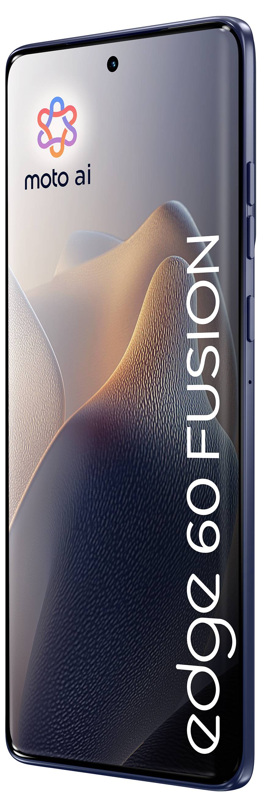 "Moto Edge 60 Fusion"-smartphone med en elegant design och "moto ai"-märkning på skärmen.