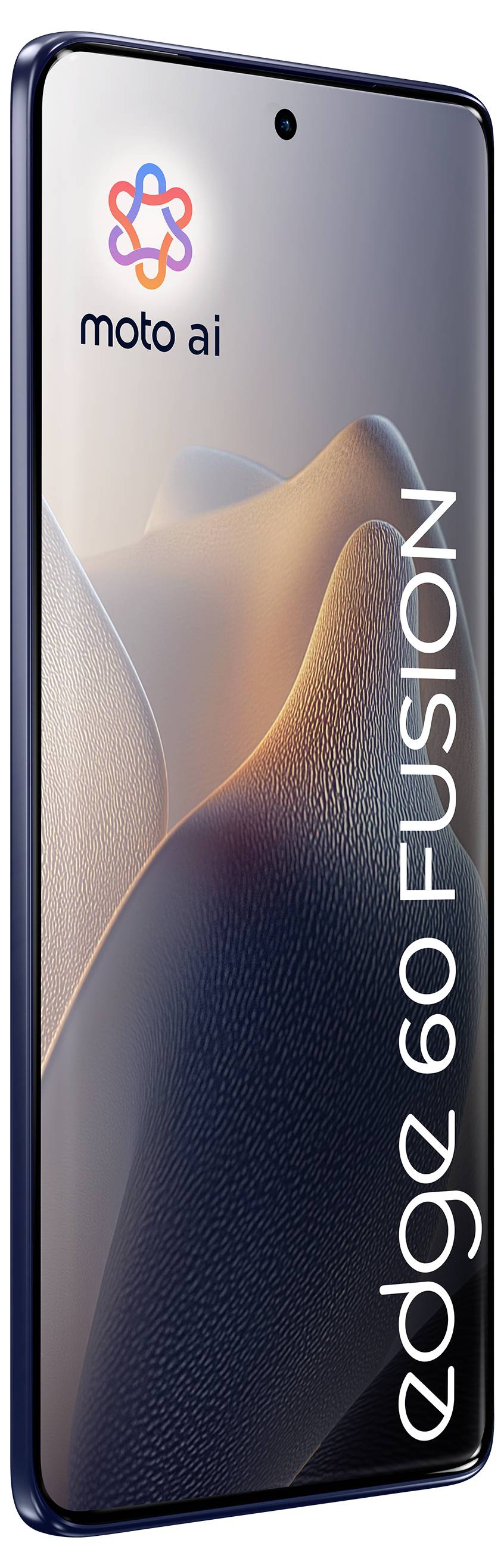 Smartphone som visar sin kantvisa display med "moto ai"-logotyp och "edge 60 FUSION"-märkning.