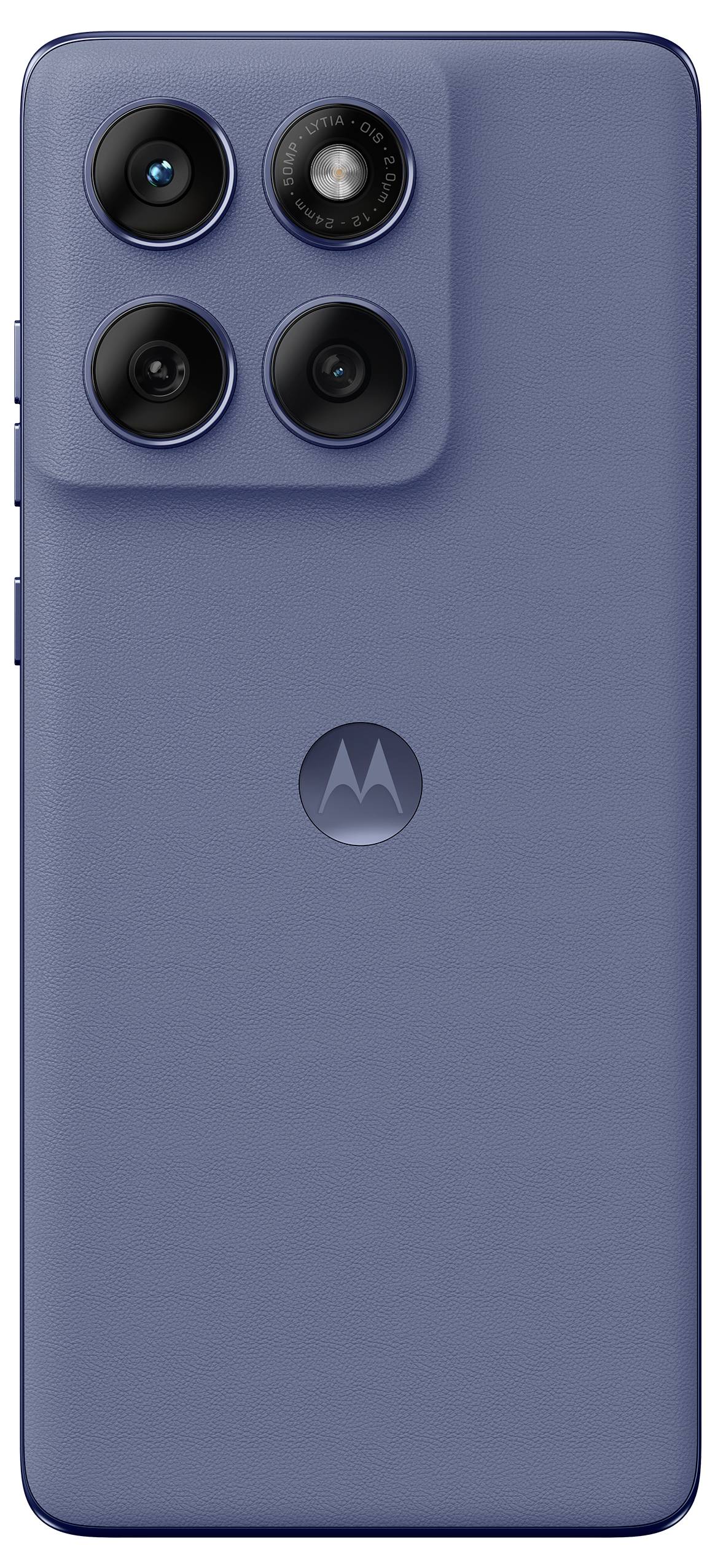 En blå smarttelefon med tre kameror i det övre vänstra hörnet och en Motorola-logotyp i mitten på baksidan.