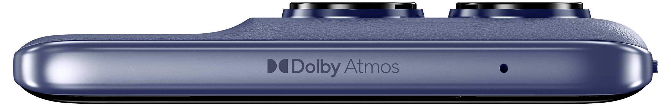 Person håller smartphone med video, omgiven av blå ljudvågor. Text: 'Andlös visuell upplevelse. Dolby Atmos.'