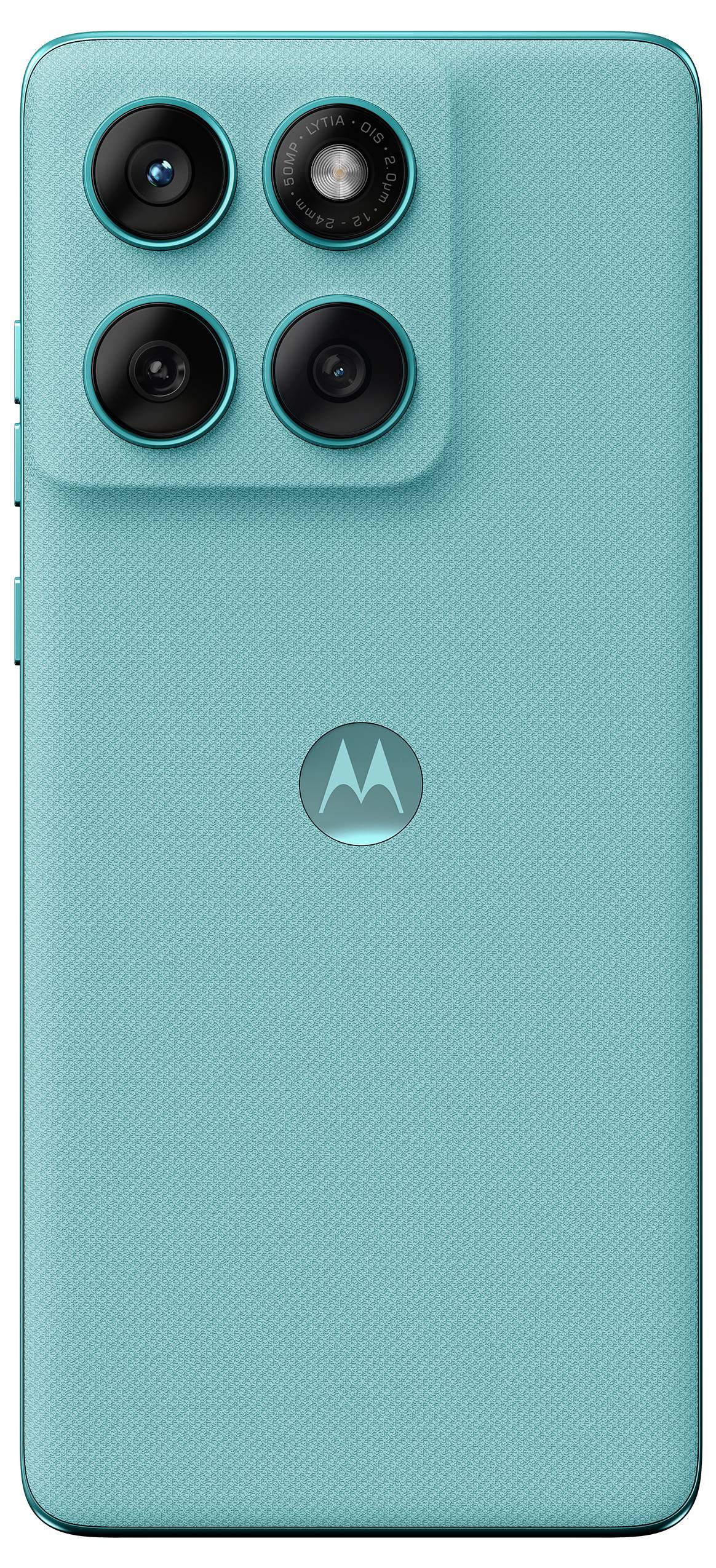 En blågrön smartphone med tre bakre kameror och en Motorola-logotyp i mitten.