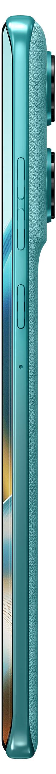 Sidovy av en turkos smartphone med kamerabump, knappar på sidan; elegant, modernt design som betonar den tunna profilen.