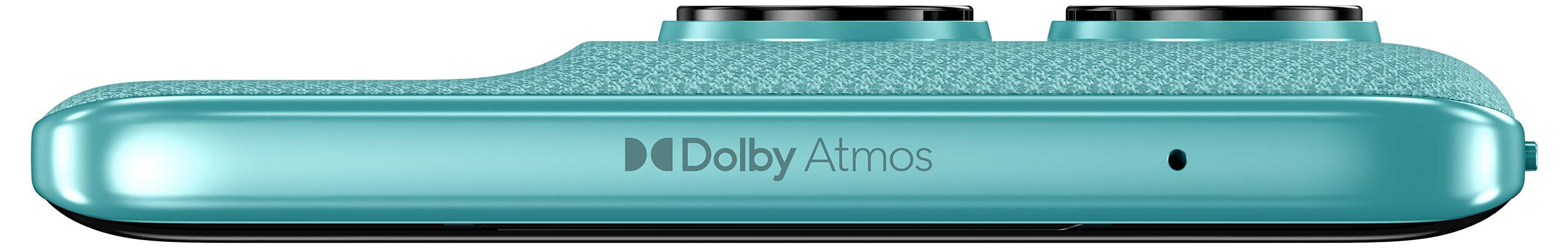 Sidovy av en turkos gadget med två runda element på toppen märkta "Dolby Atmos", vilket tyder på möjligheter för audiöförbättring.
