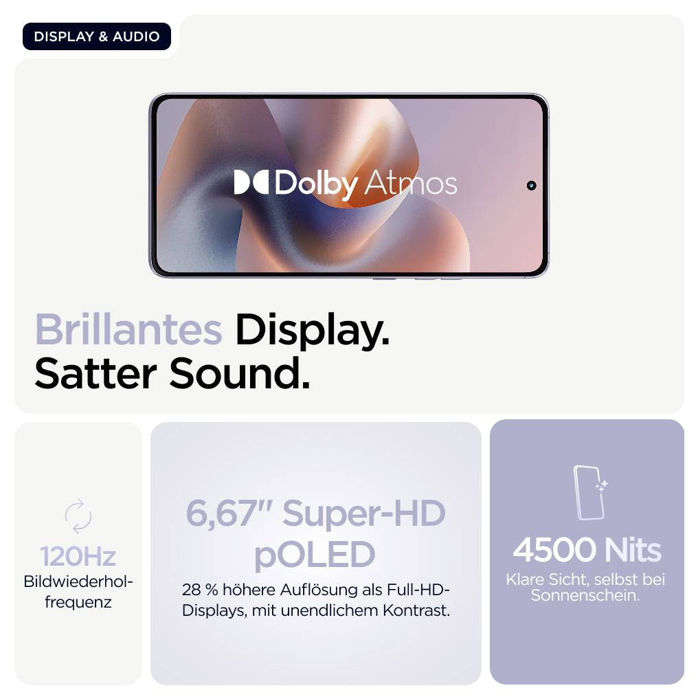 Smartphone med Dolby Atmos, erbjuder 120Hz bilduppdateringshastighet, 6,67 tums Super-HD pOLED-skärm och 4500 Nits ljusstyrka.