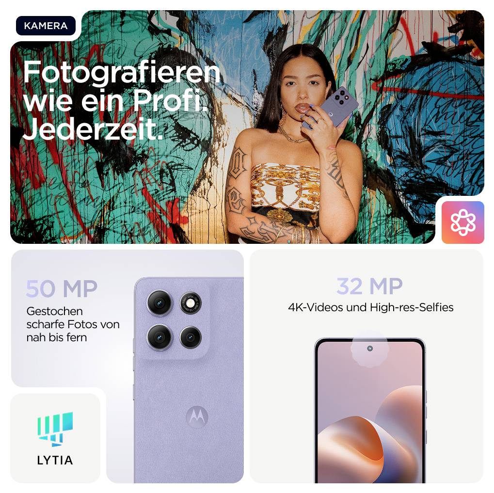 "Fotografera som ett proffs. När som helst." Kvinna håller smartphone. Linser med 50 MP och 32 MP för skarpa foton och högupplösta selfies.