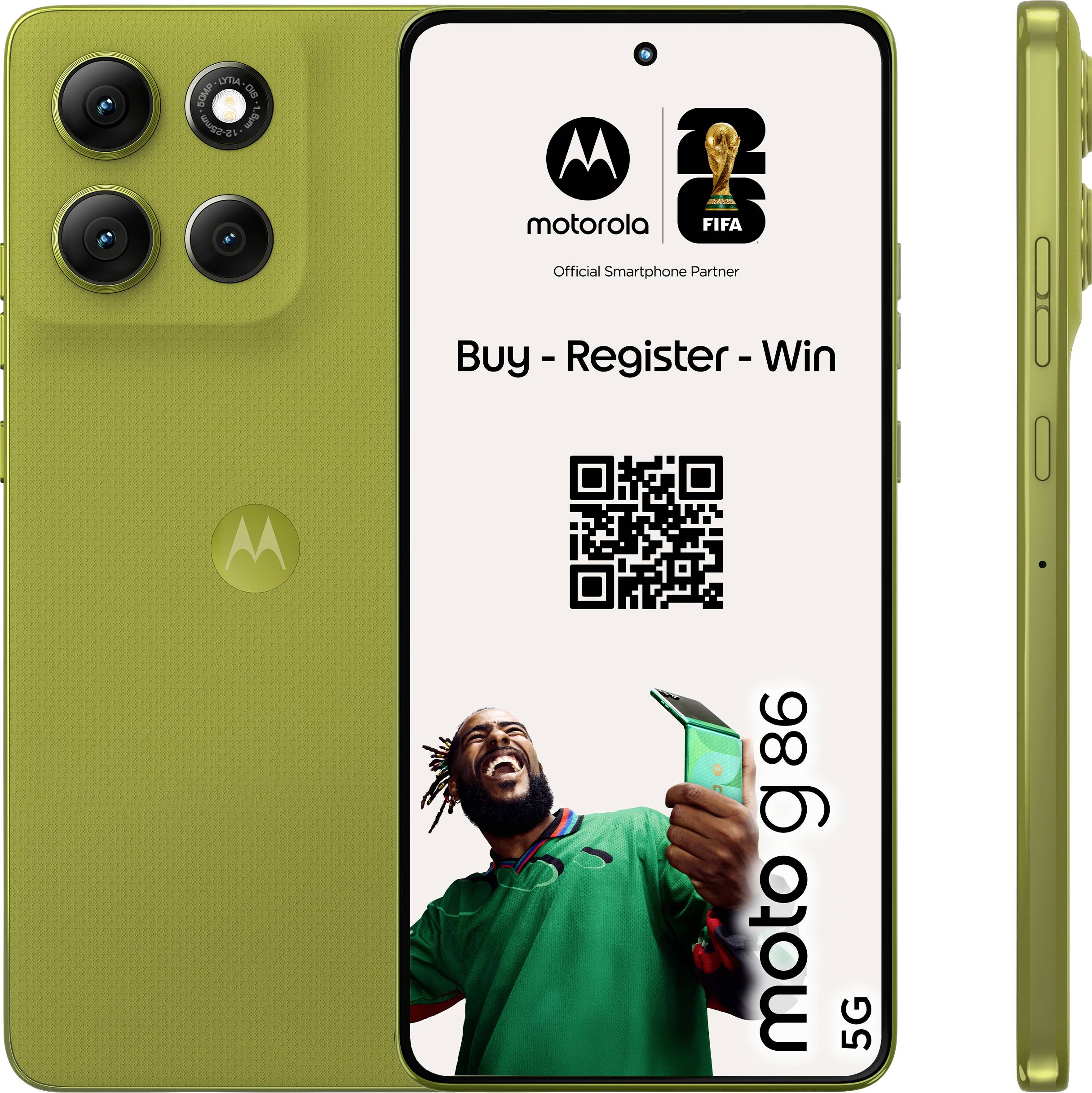 Front- och sidovy av en grön Motorola-smartphone med FIFA-varumärke, QR-kod och en "moto g86"-logotyp på skärmen.