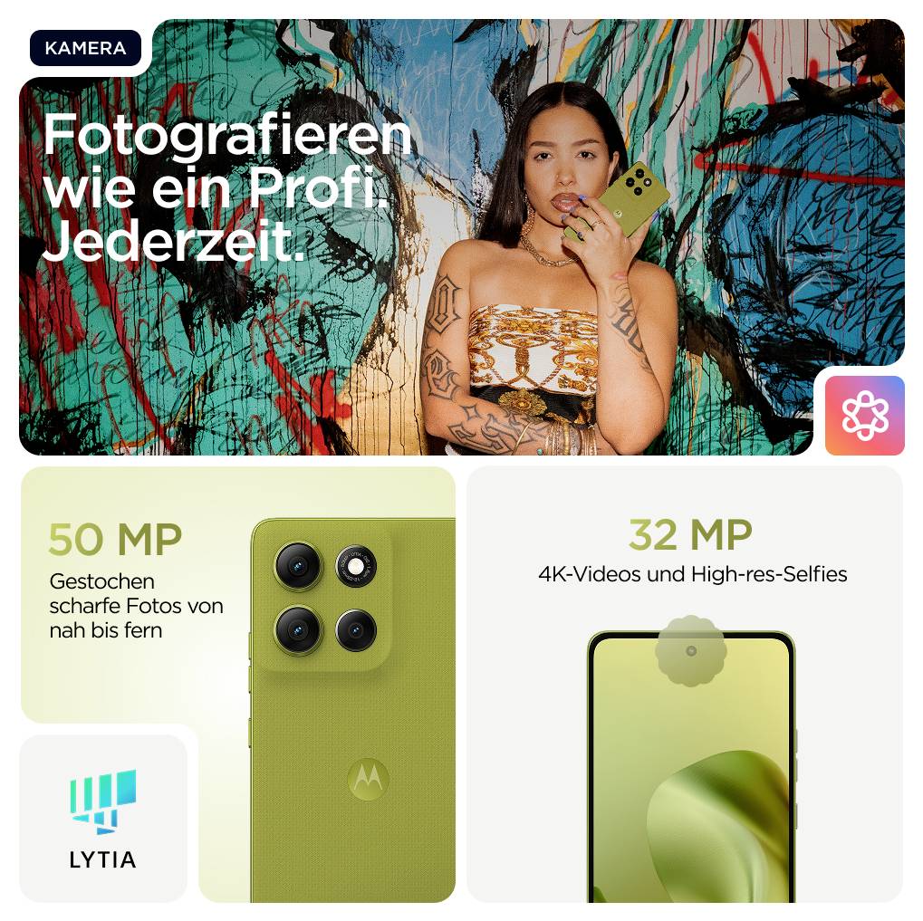 Kvinna med smartphone framför konstnärlig vägg; reklambanderoll betonar kamerakvalitet: 'Fotografera som ett proffs. Närhelst som helst.' 50 MP, 32 MP kameraspecifikationer.