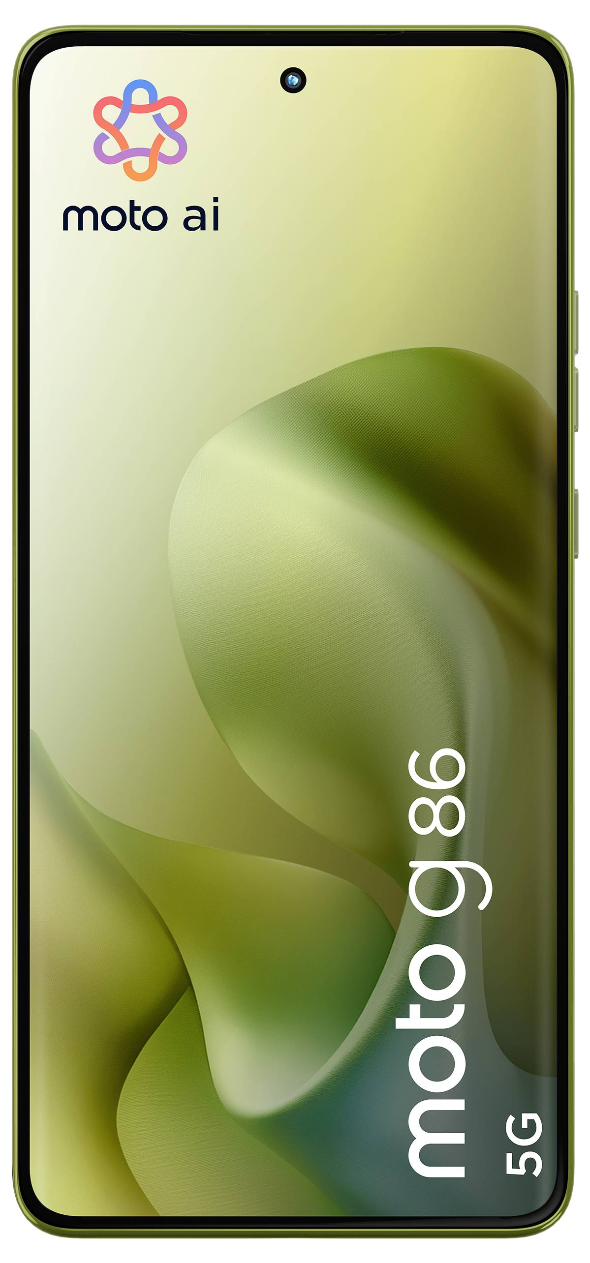 Smartphone-skärm visar en stiliserad abstrakt bakgrund. Varumärkesprofilering inkluderar "moto ai" och "moto g86 5G".