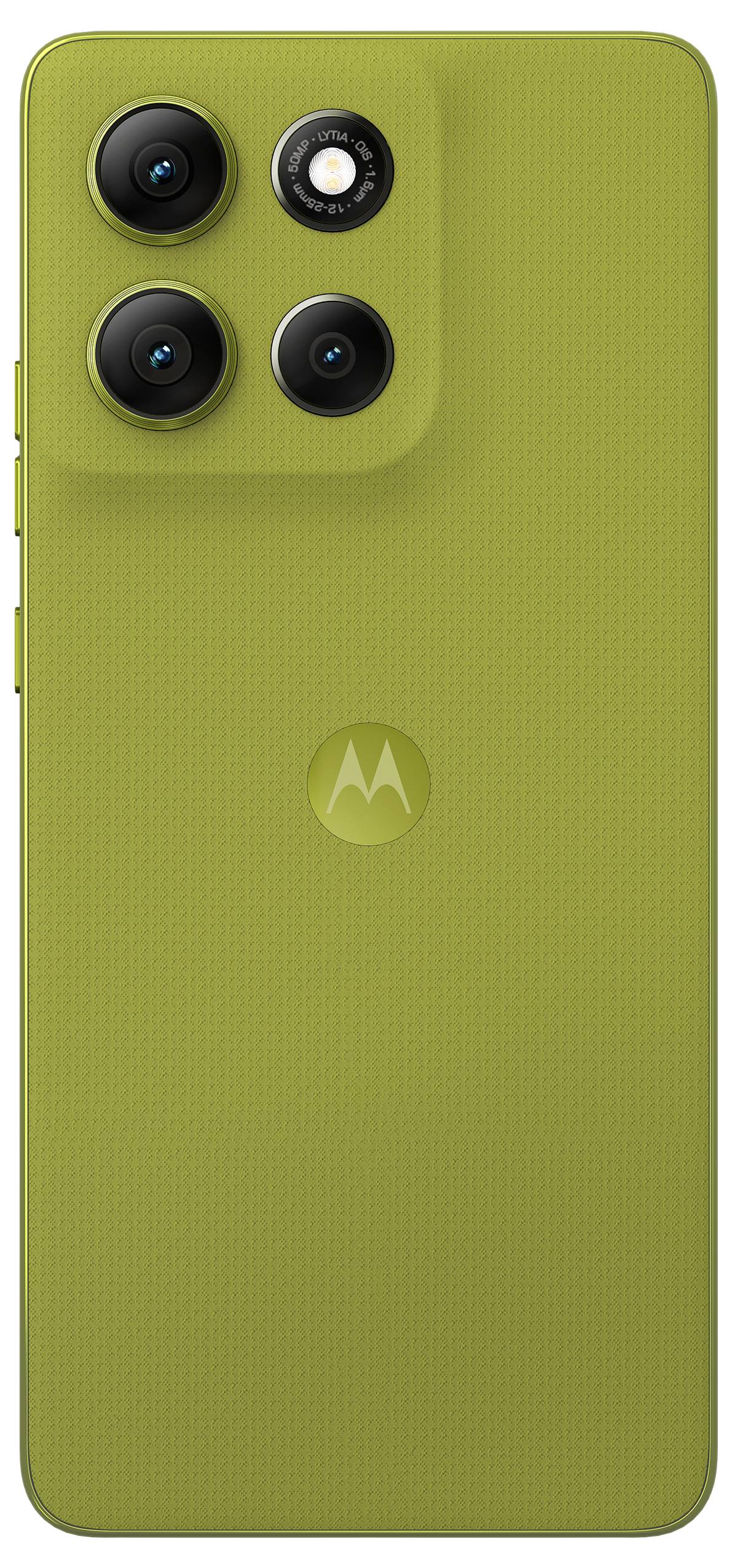 Gul-grön smartphone bakåtvy som visar tre kameralinser och en blixt i det övre vänstra hörnet. Märkets logotyp är centrerad nedanför.