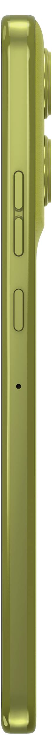 En smal, grön smartphone sedd från sidan, som visar kraft- och volymknapparna med en synlig kamerabula.