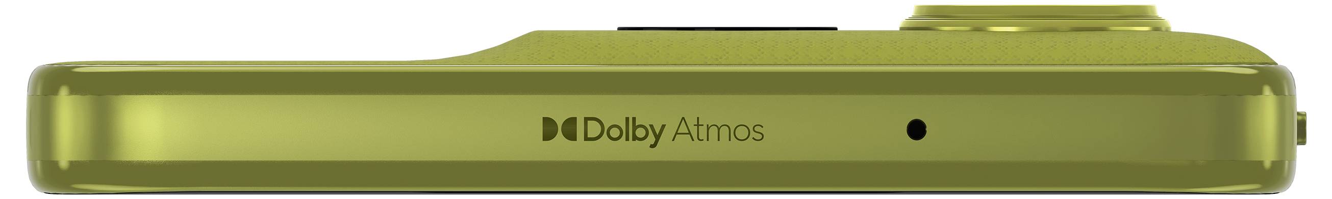 En närbildsvy av en grön telefons övre kant, som visar en "Dolby Atmos"-logotyp, som framhäver dess ljudfunktion, med en slick design.