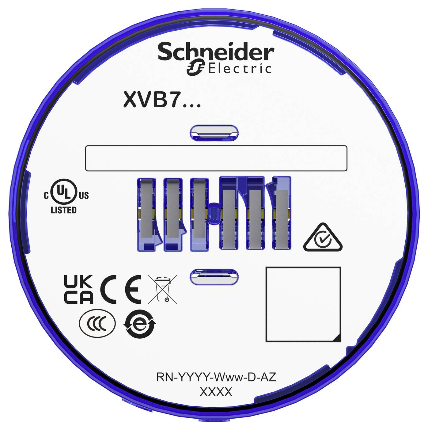 Schneider Electric XVB7 cirkulär modularetikett med UL, UKCA och CE-märken, produktkod RN-YYYY-Www-D-AZ XXXX.