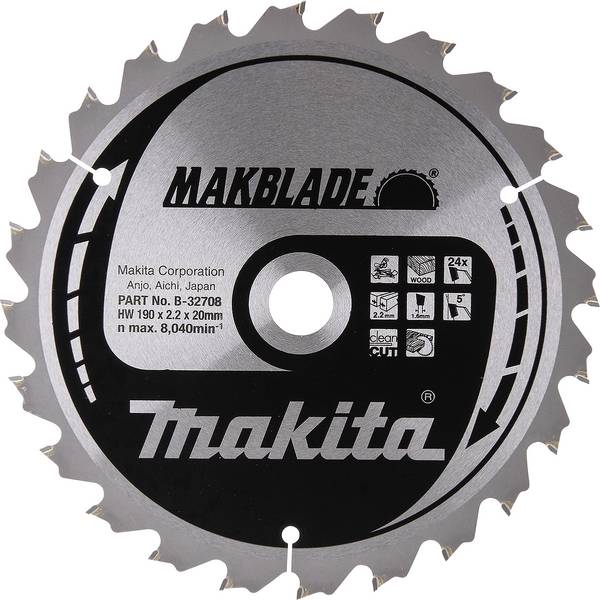 Makita B-32708 B-32708 Cirkelsågblad 190 x 20 x 2.2 mm Antal tänder (per tum): 24 1 st