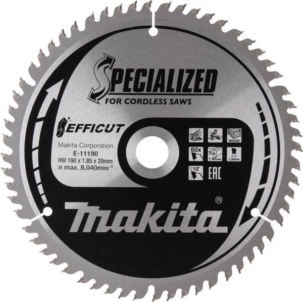 Sågblad Makita E-11190 Diameter:190 mm Antal tänder (per tum):60 Tjocklek:1.45 mm