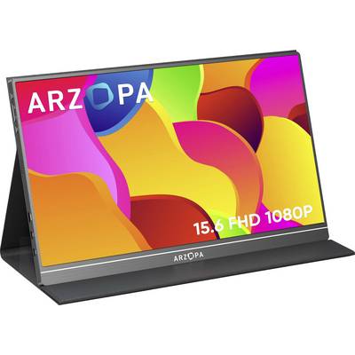 En bärbar bildskärm med en färgglad display och texten 'ARZOPA 15.6 FHD 1080P' på skärmen, uppställd på ett stativ.