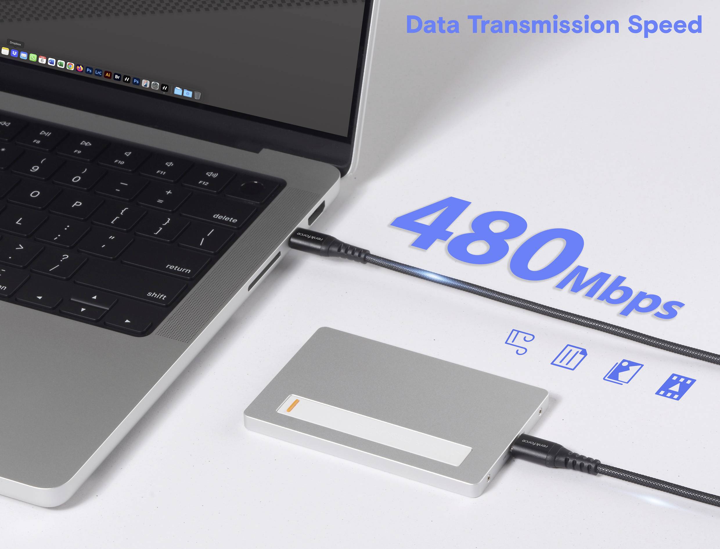 En bärbar dator ansluten till en extern hårddisk med en datakabel märkt '480 Mbps'. Ikoner visar funktioner för ström, dataöverföring och lagring.